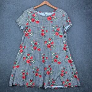 Jamie & Layla Womens XL Floral Plaid T-Shirt Dress Black White Red Rose‎